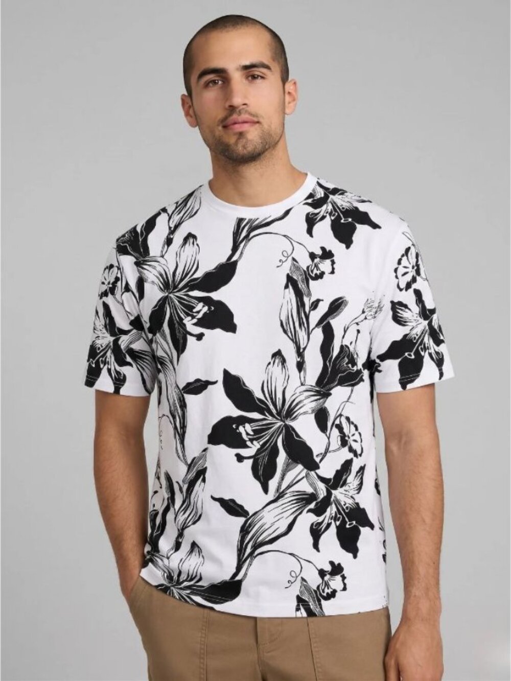Express Floral Print T-Shirt White Black Lily Size S Small